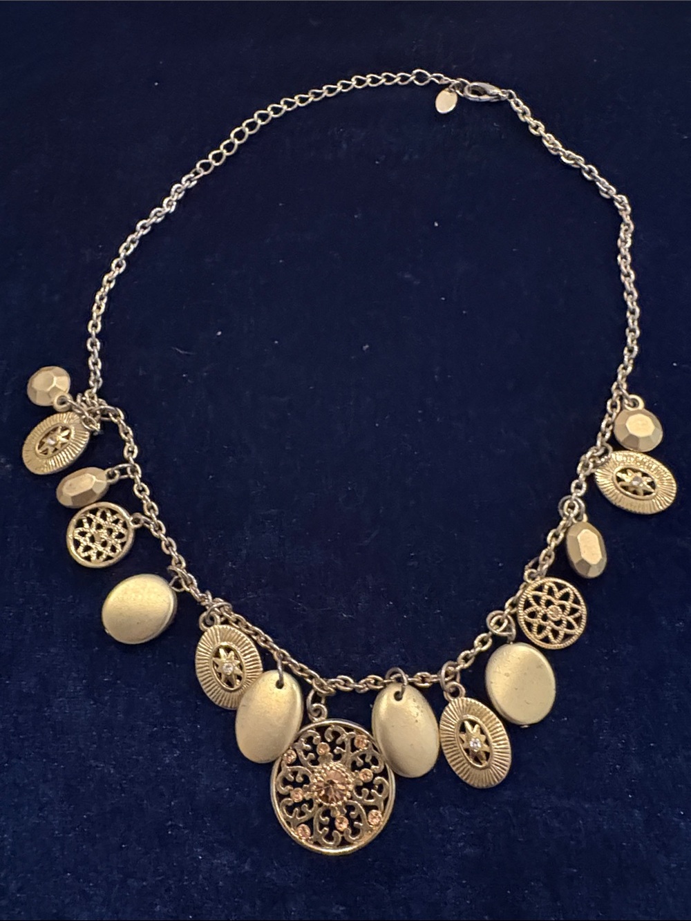 Vintage Gold-Tone Filigree Medallion & Cabochon Charm Bib Necklace